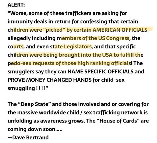 Peacock6 on Twitter: "Alert: Arrested #Humantraffickers R asking for Immunity deals in return for naming American Officials that requested these children for pedo-sex! #USCongress #Legislators #DeepState @tribunal_watch #QAnon #DigitalArmy #ChildMolesters #Evil #WWG1WGA… https://t.co/fLtuJ54Ej0"