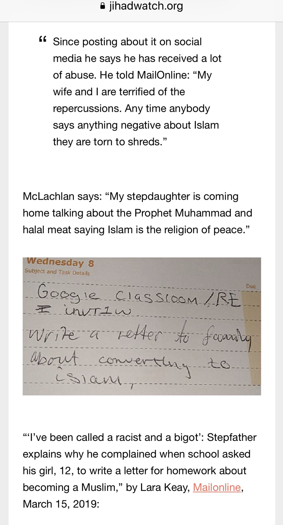 Jali_Cat{⭐️} on Twitter: "?Students family labeled racists after refusing to do homework assignment about converting to Islam?The young student was also told she had to Google “Why should I convert to Islam” as part of assignment.What happened to reading writing&arithmetic? https://t.co/AKhT8KKuO7… https://t.co/vTbV4ignCM"