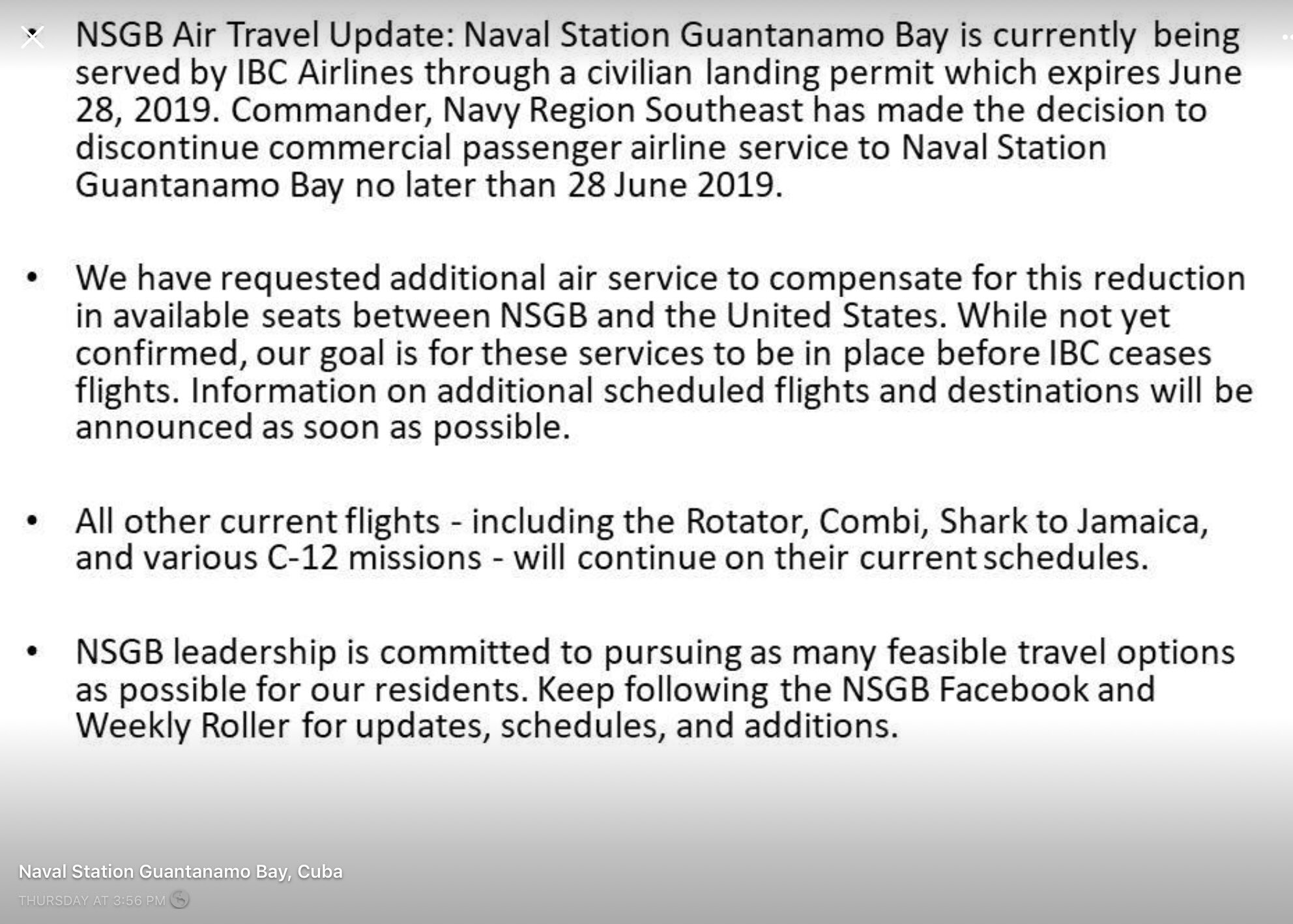 ? MilSpec Ops Monkey ? on Twitter: "GTMO 2.0 SITREP:  We are about to see a tempo change to and from the island due to a civilian landing permit being terminated. This means it will be a little harder to track what’s coming and going. Note the “NLT June 2019 date”.… https://t.co/SFtrTvf2zn"