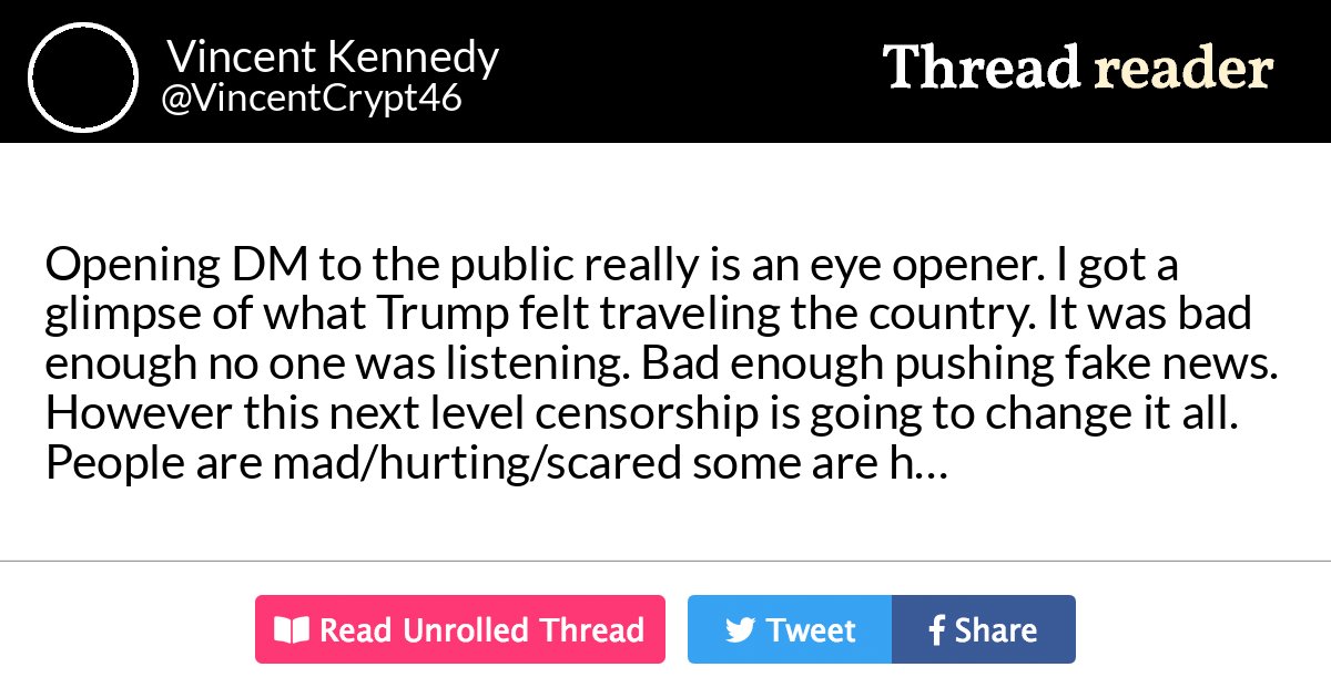 Thread by @VincentCrypt46: "Opening DM to the public really is an eye opener. I got a glimpse of what Trump felt traveling the country. It was bad enough no one was lis […]" #WWG1WGAWORLDWIDE