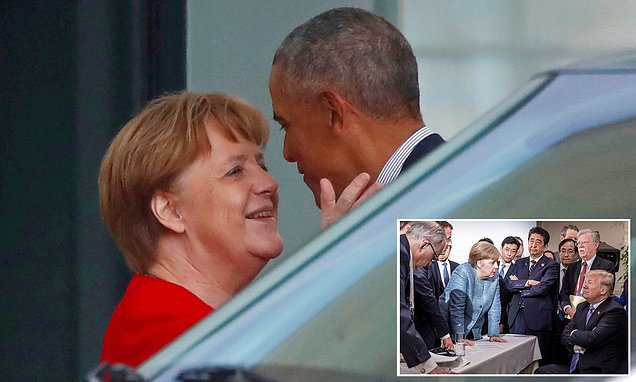 Angela Merkel gives Barack Obama a very warm welcome in Germany amid cooling relations with Trump | Daily Mail Online