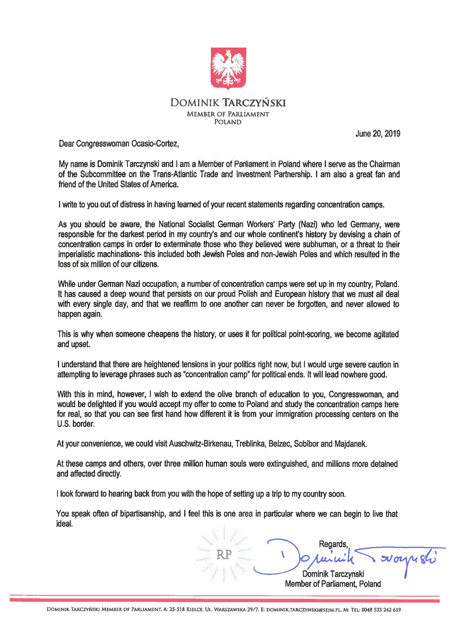 TARCZYŃSKI Dominik on Twitter: "With this letter, I am formally inviting @AOC to come to Poland,where Adolf Hitler set up the worst chain of concentration camps the world has ever seen, so that she may see that scoring political points with enflamed rhetoric is unacceptable in our contemporary Western societies… https://t.co/91Q9NzJWKg"