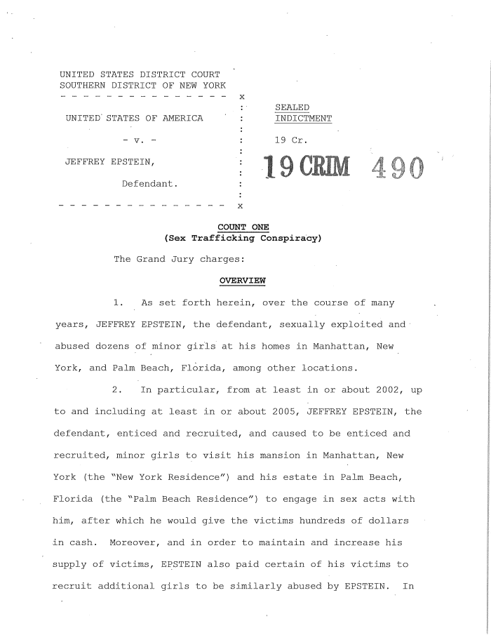 U S v Jeffrey Epstein Indictment