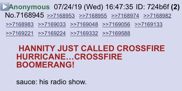RunningTheRace ⭐️⭐️⭐️ on Twitter: "HANNITY JUST CALLED CROSSFIRE HURRICANE…CROSSFIRE BOOMERANG!!Anon notable!!@realDonaldTrump… "