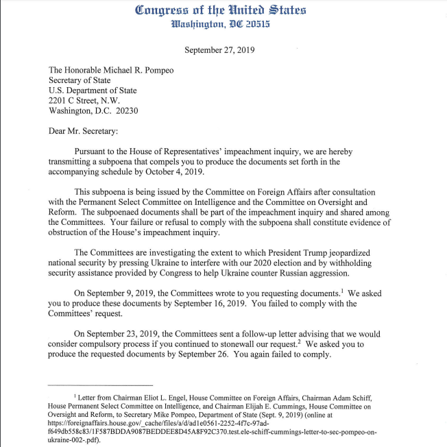 TrumpSoldier on Twitter: "Secretary of State Mike Pompeo Subpoenaed for Ukraine Documents by Schiff, Engel, and Cummings.PDF>https://t.co/Hss87jc0kF… https://t.co/9vHqo2Bsse"