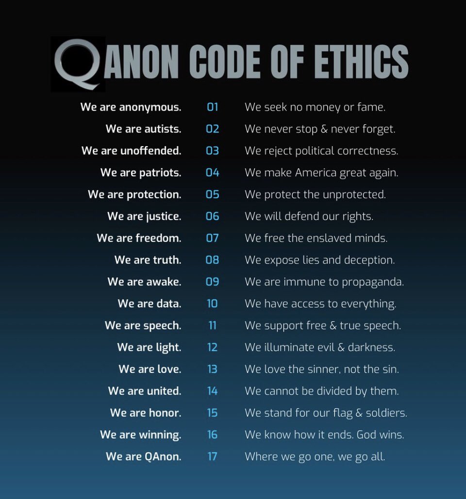 ?? 3Days3Nights ?? on Twitter: "I wrote this code of ethics long ago when QANON followers were going after each other. I violated one of the tenets today. I became OFFENDED when I felt unfairly attacked.After a prayerful day, I realize how silly this all is. This is Twitter. Not Baghdad. I will do better.… https://t.co/qkYBvZioFP"