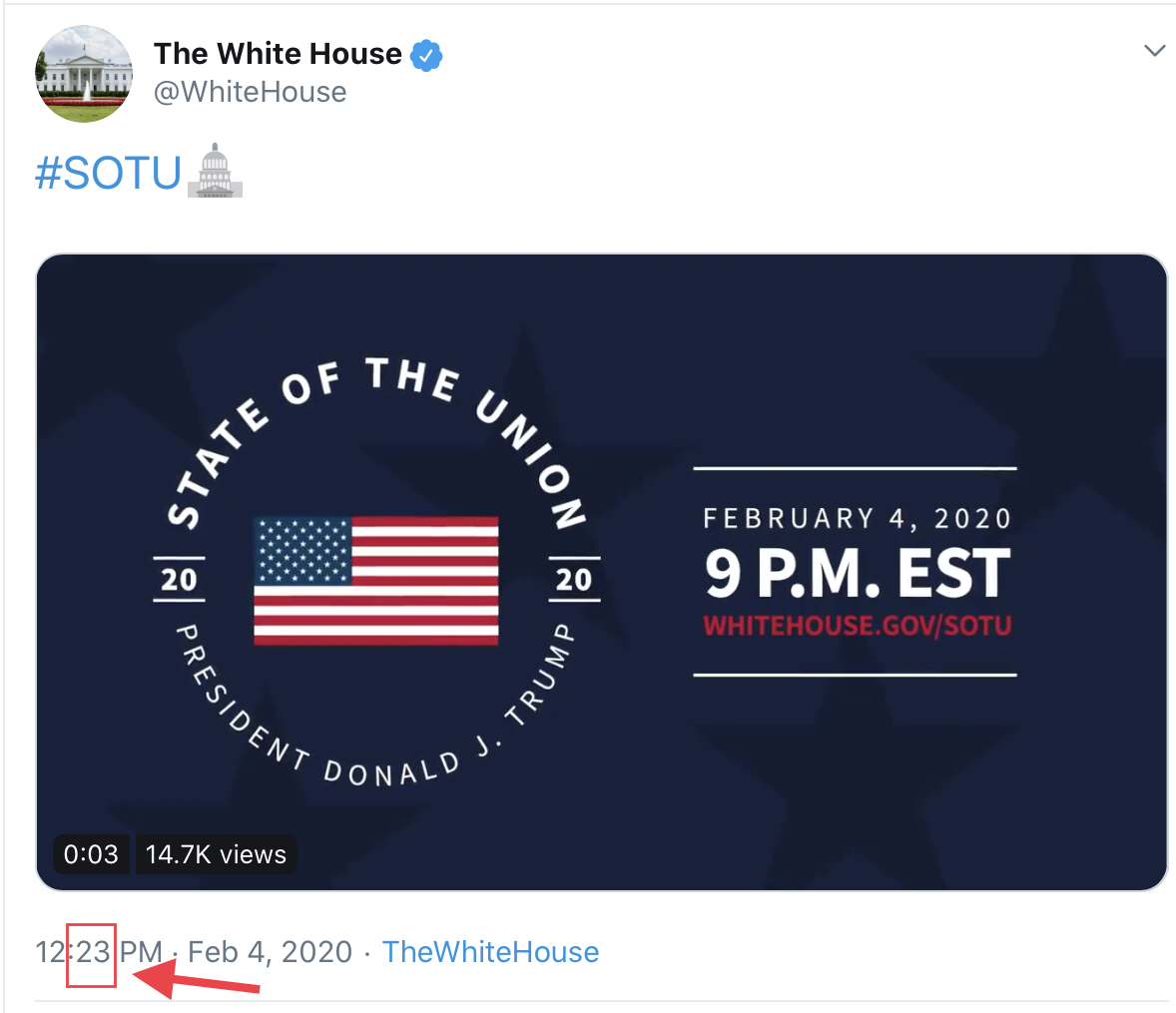 Cowboyw2b on Twitter: "White House tweets SOTU reminder.Probably just a coincidence that the minute time stamp is 23.… "