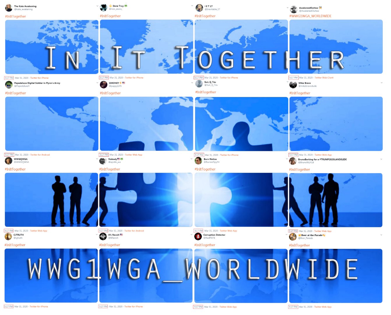 ENoCH on Twitter: "It was March 31st at 17:17 eastern when a band of brothers came together, like puzzle pieces, to show the WORLD we are united!#InItTogether #InItTogetherWorldWide#WWG1WGA… https://t.co/7JEMZ0eLji"