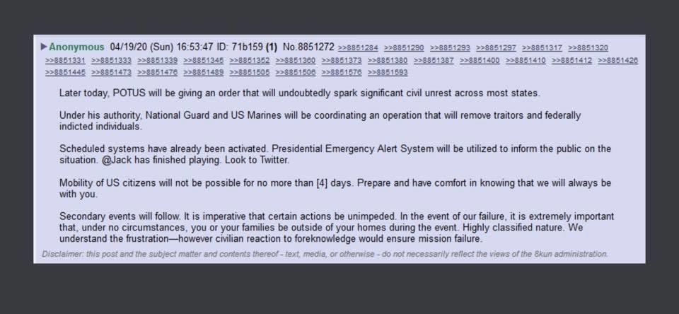vDarkness Falls on Twitter: "VERIFY THIS ANONS!IN MY DM"Later today POTUS will be giving an oder that will spark civil unrest throughout most states. Under his authority NG & US Marines will be in operation 2 remove traitors & Federally indicted individuals.Mobility of civilians INACTIVE for 4 days...."… https://t.co/i19FZc3ZOE"