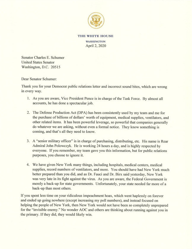 GEORGE ?? on Twitter: "Office of the Press SecretaryFOR IMMEDIATE RELEASEApril 2, 2020Letter from President Donald J. Trump to Senator Charles E. Schumer.… https://t.co/qpYZKg4Agy"