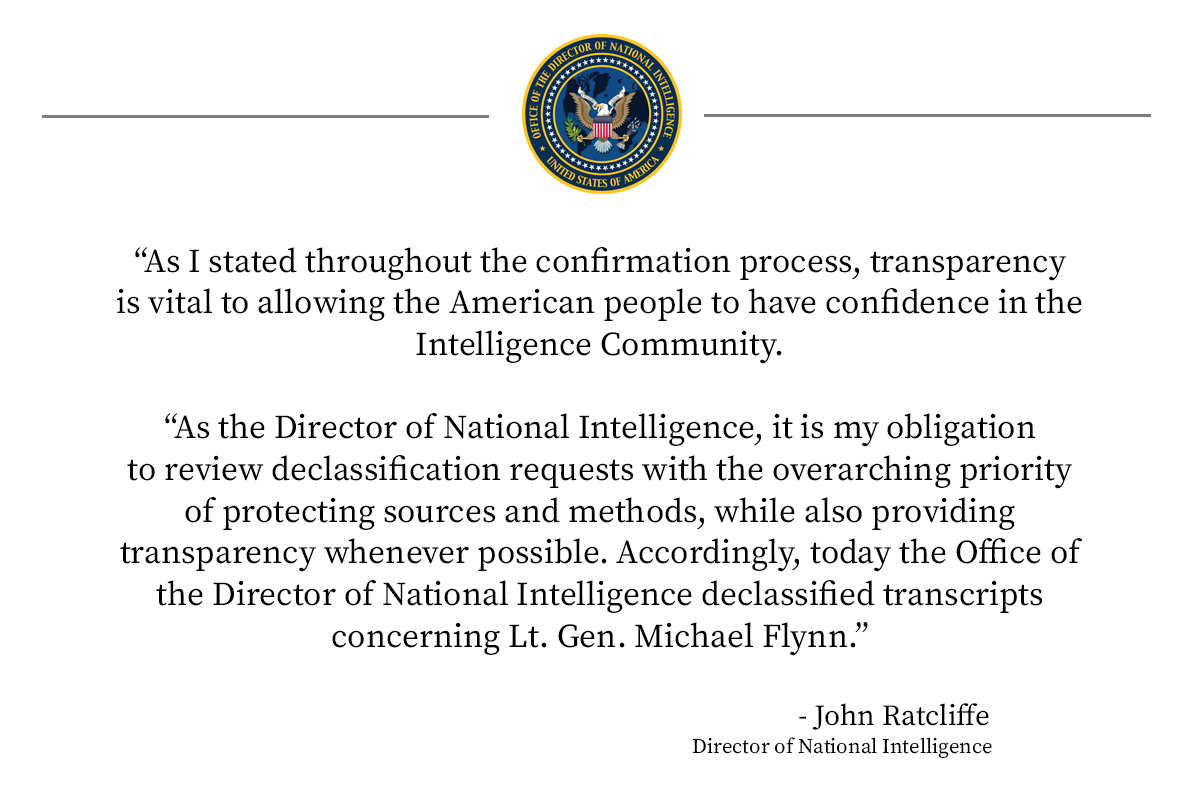 Office of the DNI auf Twitter: "DNI Ratcliffe issues statement on declassification of transcripts… "