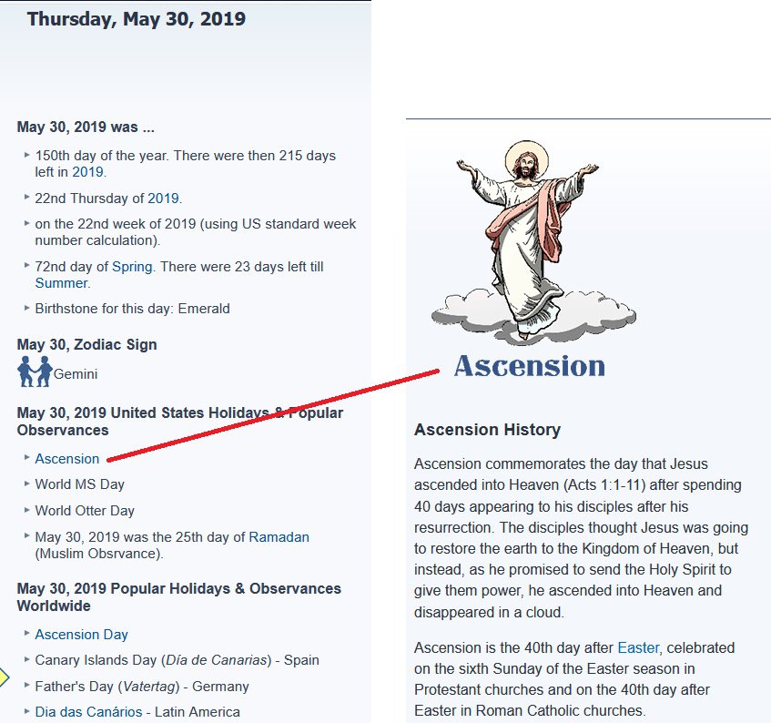 l E T 17 auf Twitter: "May 30th last year was Ascension Day.  40 Days after Easter.  Ascension Day this year is TOMORROW!Combined with Flynn's tweet “be not afraid”…??It’s also the day after JFK birthday 1917******And for clockanons, the day the clock ends is 5/29Ascension day 2020 is 5/21 https://t.co/4BNIGak7Fr… https://t.co/30UO1ye5nR"