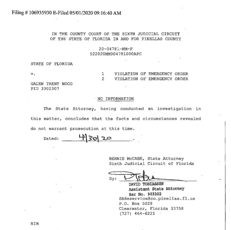 Anthony Sabatini auf Twitter: "The State Attorney’s Office 6th Circuit just DROPPED their case against my client Galen Wood—the first Floridian to be arrested for opening a “non-essential” business.  It’s clear there is NO valid legal authority for either the state or local emergency orders.  #liberty #COVID19… https://t.co/tsp5Gk66ot"
