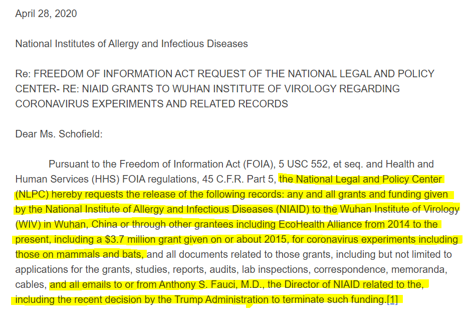 Ned Nikolov, Ph.D. auf Twitter: "The National Legal and Policy Center (NLPC) filed a FOIA request for all records pertaining to the $3.7 M grant issued by Fauci's NIAID to China's Wuhan Institute of Virology in 2015: https://t.co/tKApkN8g5PThus, legal bodies in the US are already investigating Fauci!… https://t.co/lV1c45VSNY"