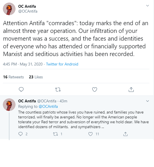 DSA Orange County ? auf Twitter: "Heads up: the people running the OCAntifa Twitter are right-wing infiltrators who want to doxx local leftists. If you've interacted with them, we recommend locking your accounts. Also, block them-- and report their tweets.… https://t.co/Mz6BHDkIBZ"