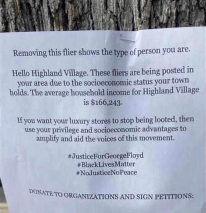HOAX? Black Lives Matter Extortion Flyers Posted in Wealthy Houston Neighborhood Threatens 'Luxury Stores' With Looting