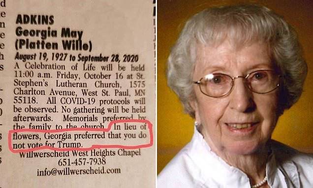 Minnesota woman, 93, leaves obituary telling mourners: 'In lieu of flowers, do not vote for Trump'  | Daily Mail Online