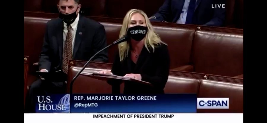 Rep. Marjorie Taylor Greene Blasts Democrats for Supporting Riots, Triggers Media With 'CENSORED' Mask During Anti-Impeachment Speech