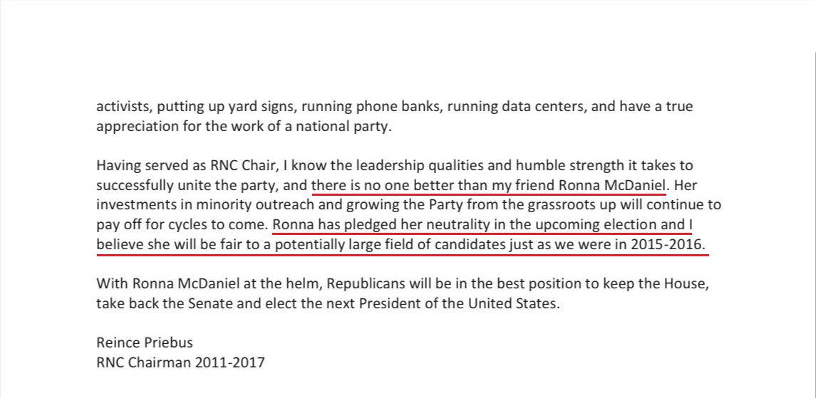 Reince Priebus Writes Letter Supporting Ronna McDaniel for RNC Chair Through 2024 - The Last Refuge